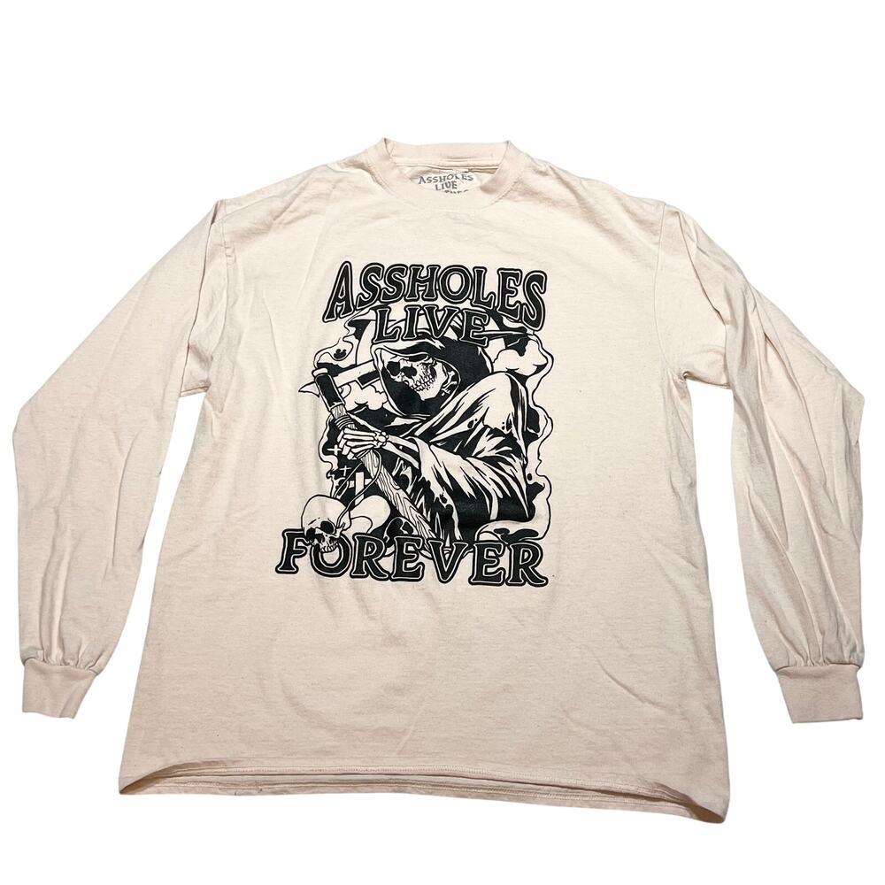 As*holes Live Forever Grim Reaper Shirt Large Long Sleeve Graphic Tan